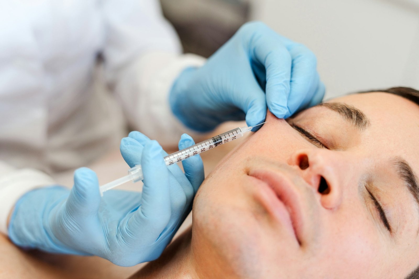 Closeup, cosmetologist injecting botox into cheeks of young patient, attractive man, rejuvenation